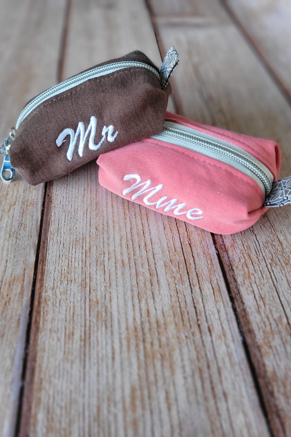 Duo de porte-monnaies bourses "Mr et Mme" rose et marron