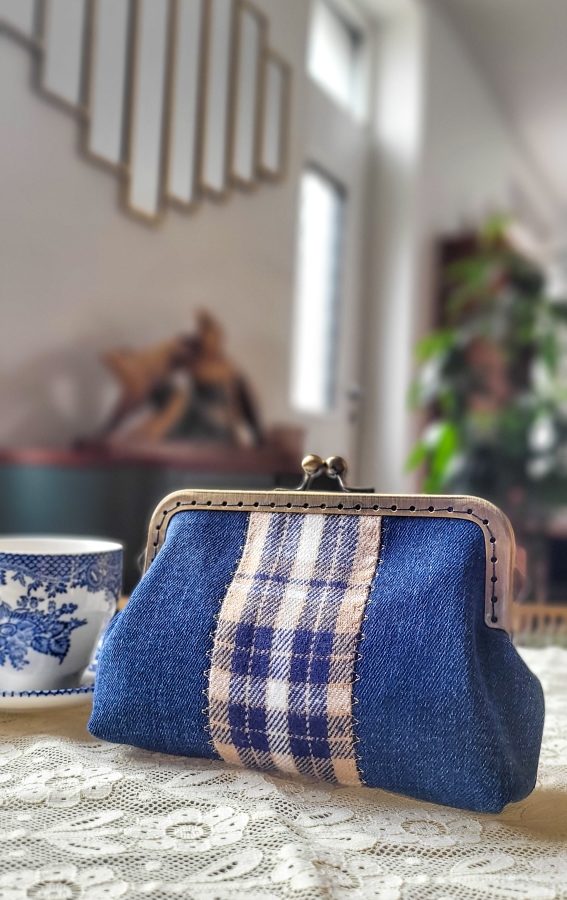 Grand porte-monnaie Anne-Marie bleu et tartan