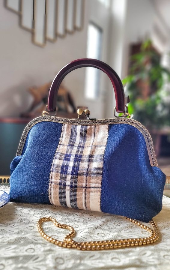 Grand sac Anne-Marie bleu et tartan